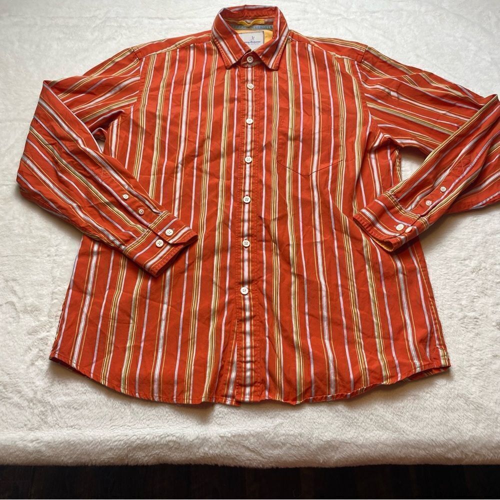 Tommy Bahama Island Estate Long Sleeve Button Down Orange Striped Shirt S-Large